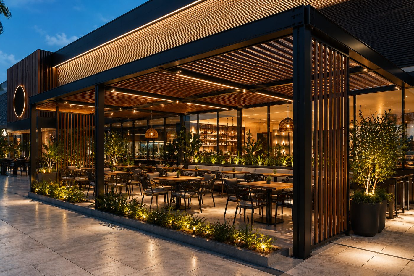 Restaurante con pérgola y estructura de aluminio Perfiletto
